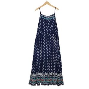 Suzanne Betro Women's Plus Size Maxi Dress Navy Boho Tiered Print Pockets 3X
